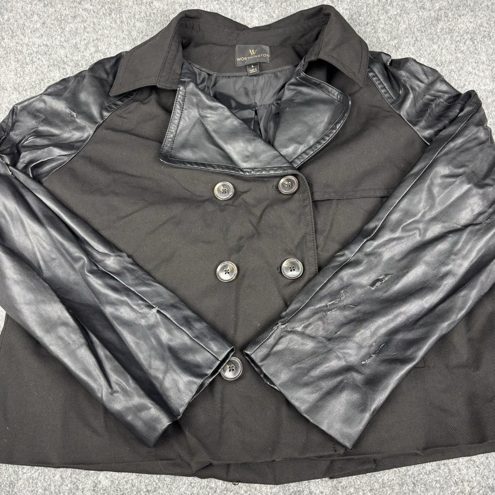Worthington Jacket Women's Large Black Faux Leather Double Breasted Peacoat Moto